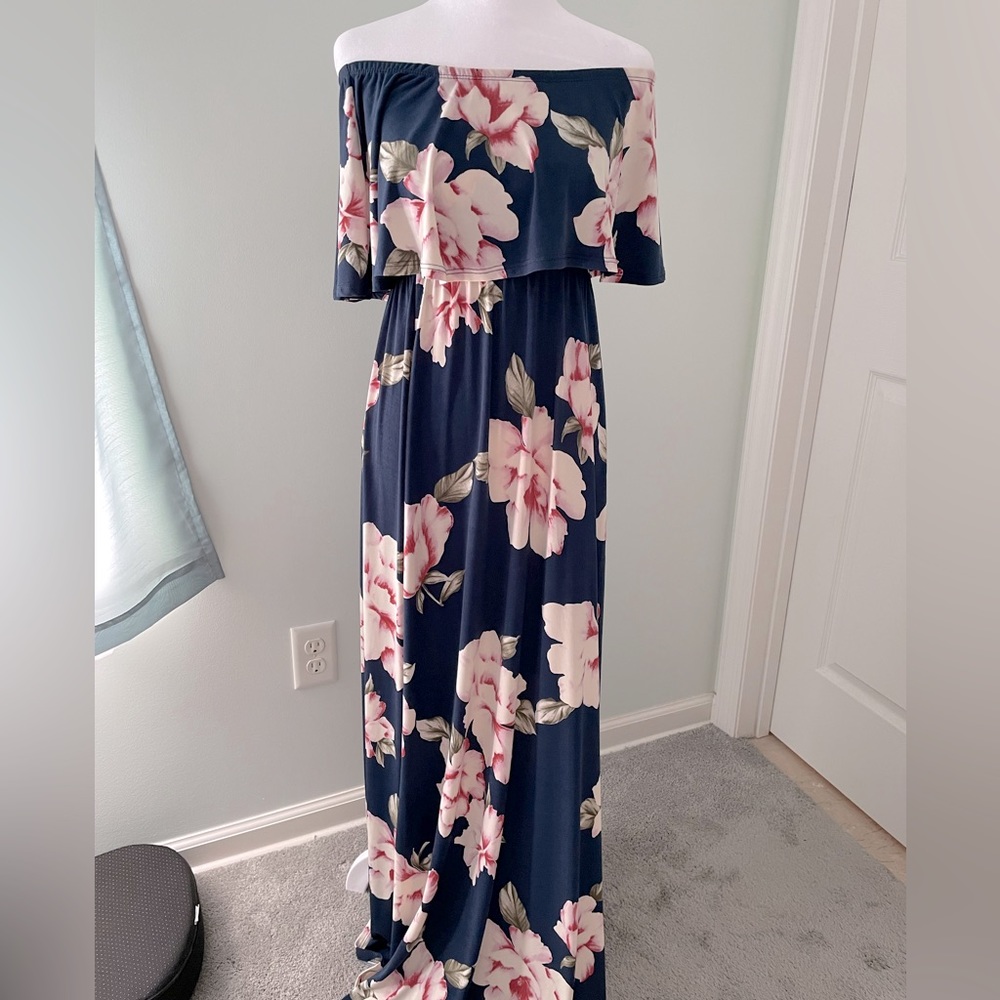 Blue floral off the shoulder dress